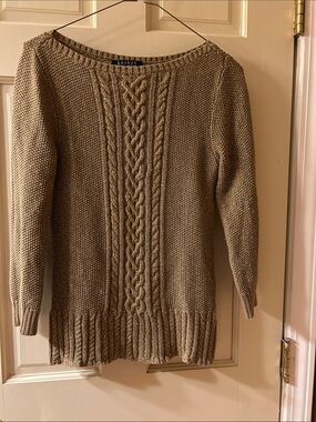 Ralph Lauren tan with gold thread Cable-Front Crewneck Sweater